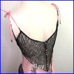 Vintage Designer Silk Slip Dress Pink 8 10 Black Lace Floral Sheer Asymmetrical