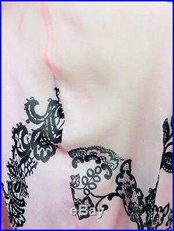Vintage Designer Silk Slip Dress Pink 8 10 Black Lace Floral Sheer Asymmetrical