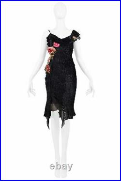 Vintage Dior By Galliano Black Velvet Devore Slip Dress With Flowers 2002