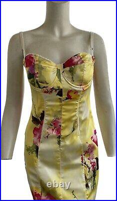 Vintage Dolce and Gabbana Corset Dress 1990s Iconic Yellow Silk Floral Size 40