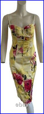Vintage Dolce and Gabbana Corset Dress 1990s Iconic Yellow Silk Floral Size 40