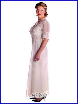 Vintage Dress Sheer White Embroidered Organdy Long Gown Slip 1940s M L