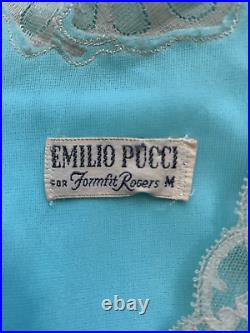 Vintage Emilio Pucci For Formfit Rogers Slip Dress Aqua Blue Cream Scallop Lace