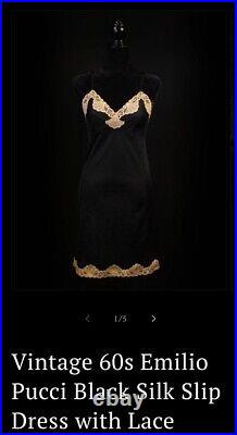 Vintage Emilio Pucci Slip Dress Black Tan Lace Gorgeous Detail 36 Short Sz Med