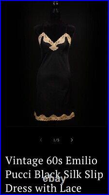 Vintage Emilio Pucci Slip Dress Black Tan Lace Gorgeous Detail 36 Short Sz Med