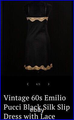 Vintage Emilio Pucci Slip Dress Black Tan Lace Gorgeous Detail 36 Short Sz Med