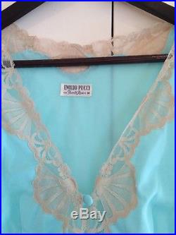 Vintage Emilio Pucci for Rogers Formfit Aqua Nightgown Lace Slip Dress Sz M EUC