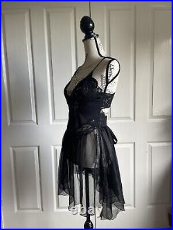 Vintage Fairy Goth Sheer Black Lace Lingerie Negligee Slip Dress Sz S Pixie Hem