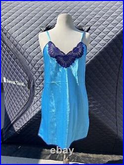 Vintage Fernando Sanchez Slip Dress Lingerie bright Blue Lace Insets Size Medium