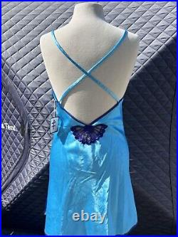 Vintage Fernando Sanchez Slip Dress Lingerie bright Blue Lace Insets Size Medium