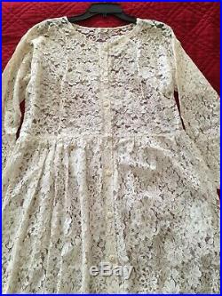 Vintage French Ivory Lace Medium Button Front Empire Waist Dress Medium