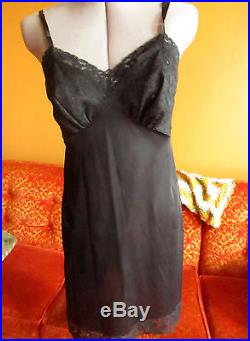 Vintage Full Slip 50's Dress Lace Bodice Lace Hem Vanity Fair EXC Black Nylon 34