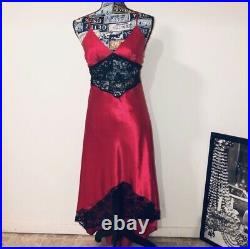 Vintage Gold Label Victoria's Secret Satiny Red Black Lace maxi slip dress Small