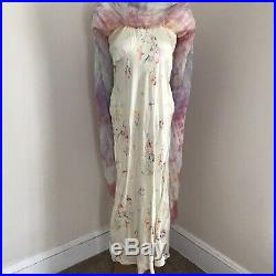 Vintage Gown Bias Cut Slip with SIlk Overlay butterfly Sleeves Floral Chiffon S