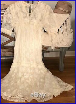 Vintage Gunne Sax Jessica McClintock Ivory Lace 20s Prairie Dress & Silk Slip 12