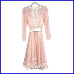 Vintage Gunne Sax Prairie Dress with slip 7 Pink Peasant Puff Sleeve Lace Gauze