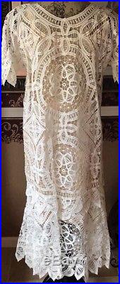 Vintage HANDMADE Fine Crochet Lace Dress w Slip underneath Size M Antique Beauty