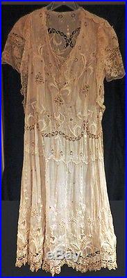 Vintage Handcrafted Hankerchief Linen Battenberg Lace Tea/wedding dress and slip