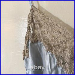 Vintage Handmade Baby Blue Silk Dye Lace Embroidered Floral Slip Velma Size 40