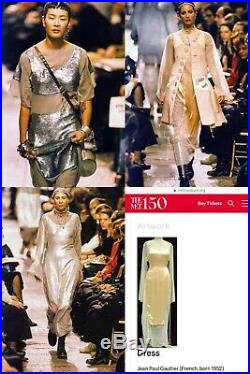Vintage Jean Paul Gaultier S/S 1994 Trompe loeil Mesh Satin Slip Lace Dress 42