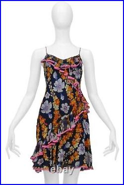 Vintage John Galliano Navy Slip Dress With Floral Pattern & Pink Lace Trim