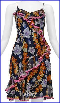 Vintage John Galliano Navy Slip Dress With Floral Pattern & Pink Lace Trim