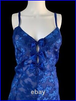 Vintage Jolynn Blue Bows Sheer Satin Floral Slip Dress Lingerie 90s Nightgown LG