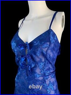 Vintage Jolynn Blue Bows Sheer Satin Floral Slip Dress Lingerie 90s Nightgown LG