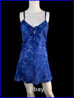 Vintage Jolynn Blue Bows Sheer Satin Floral Slip Dress Lingerie 90s Nightgown LG