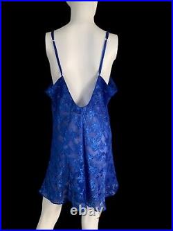 Vintage Jolynn Blue Bows Sheer Satin Floral Slip Dress Lingerie 90s Nightgown LG