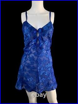 Vintage Jolynn Blue Bows Sheer Satin Floral Slip Dress Lingerie 90s Nightgown LG