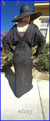 Vintage Judith Ann Creations Silk Dress 80's Black Beaded Lightly Sheer Gatsby M