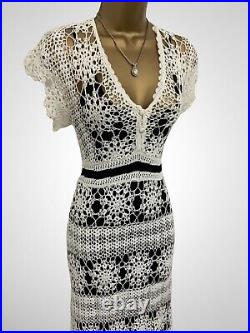 Vintage KAREN MILLEN 2 Size 10 Crochet Dress Cream Black Slip