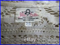 Vintage LILA BATH Designer DRESS M 32 Ivory COTTON CROCHET Maxi with SLIP DRESS