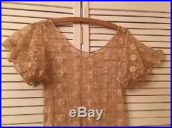 Vintage Lace Floor Length Short Bell Sleeve Beige Dress with Matching Slip