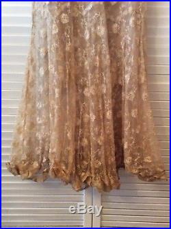 Vintage Lace Floor Length Short Bell Sleeve Beige Dress with Matching Slip