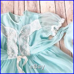 Vintage Lady Love 3t Sheer Blue Dress Nylon Lace Ruffles AND SLIP Layers Party
