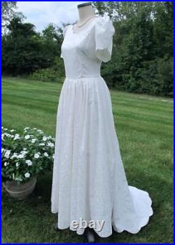 Vintage Laura Ashley Wedding Dress + Slip S 10 Ivory Cotton Short Sleeve Train
