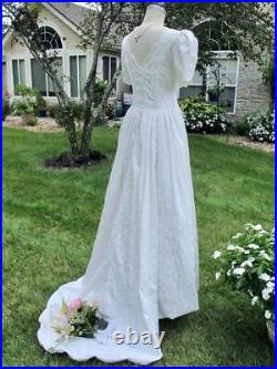 Vintage Laura Ashley Wedding Dress + Slip S 10 Ivory Cotton Short Sleeve Train
