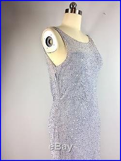 Vintage Lavender Silver Grey Bead Sequins Formal Slip Sheath Gown Dress 38 Bust