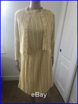 Vintage Lemon Yellow Crochet Dress With Slip & Jacket Size S