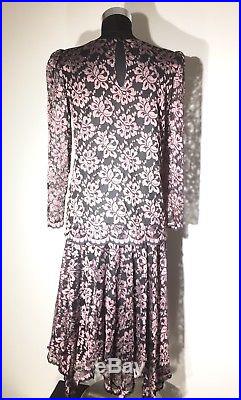 Vintage Lillie Rubin Lavender Lace Black Slip Tea Length Formal Dress Sz. 8 USA