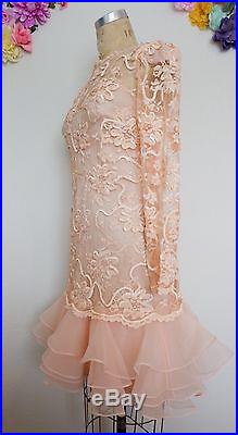 Vintage Lillie Rubin Salmon Pink Floral Sequin Lace Dress Tiered Chiffon Slip