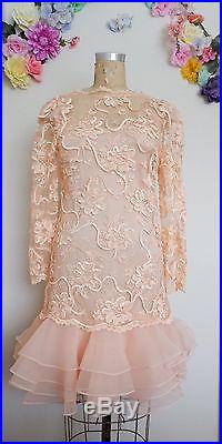 Vintage Lillie Rubin Salmon Pink Floral Sequin Lace Dress Tiered Chiffon Slip