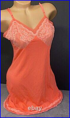 Vintage Lorraine Sz 38 Full Slip Dress Pink Lacy Double Chiffon Nylon Nightie