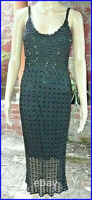 Vintage Lyndia Procanik Cami Maxi Dress Size Small Black Hand Crocheted Beaded