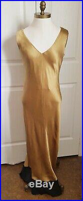 Vintage Marie Saint Pierre gold long silk slip dress with black trim $1050CAD