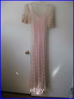 Vintage Maxi Pink Lacy Net Tiered Dress With Bias Slip 20's 30's Xs