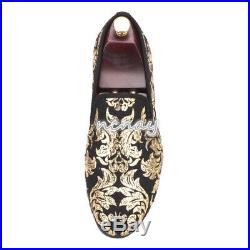 Vintage Men Velvet Slip On Dress Loafers Party Flats Gold Pattern Solid Shoes 11