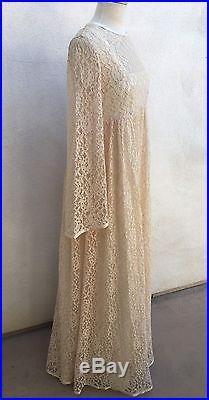 Vintage Mod Maxi Dress Beige Lace With Ivory Satin Slip Angel Sleeves Sz S